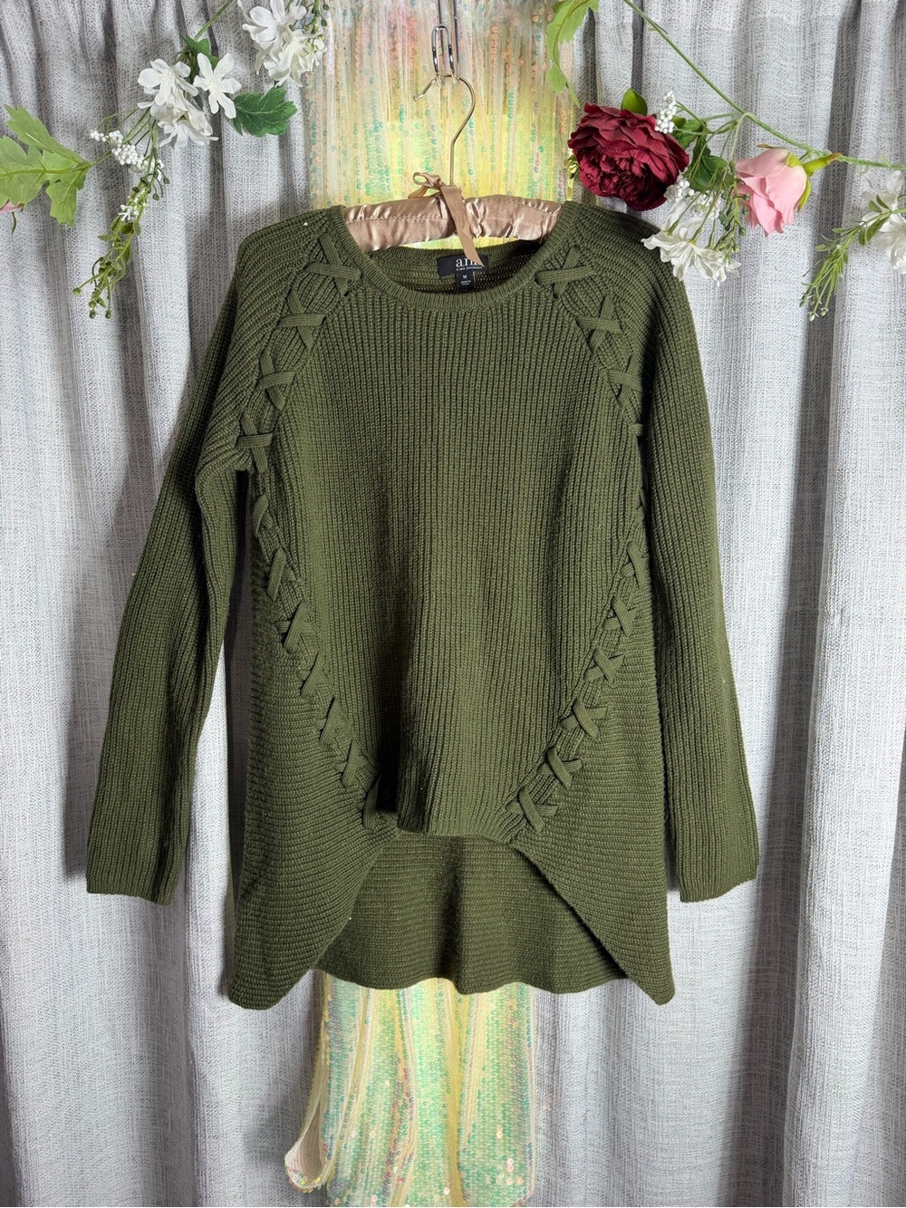 a.n.a Olive Green Lace-Trim Crewneck Sweater